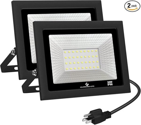 GLORIOUS-LITE LED Flood Lights Outdoor, 50W 5000LM Outside LED Work Light with Plug, 6000K Daylight White, IP66 Waterproof Portable Spot Security Lights for Garage, Yard, Garden, Playground(2 Pack)