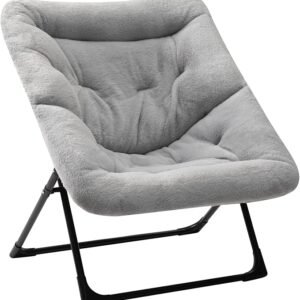 HollyHOME X-Large Saucer Chair, Comfy Oversized Folding Chair, Faux-Fur Reading Chair for Teens, Adults, Foldable Accent Lazy Chair, Metal Frame Lounge Chair for Living Room, Bedroom, Dorm, Grey