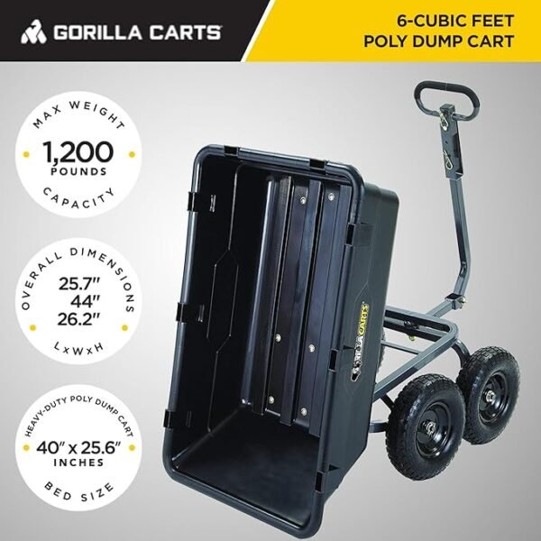 Gorilla Carts Heavy Duty Poly Utility Dump Wagon Garden Cart w/Pneumatic Tires, 6 Cu Ft - 1200 lb Capacity Outdoor Wheelbarrow for Yard, Landscaping & Gardening, Lawn Tractor or ATV Towable - Image 3