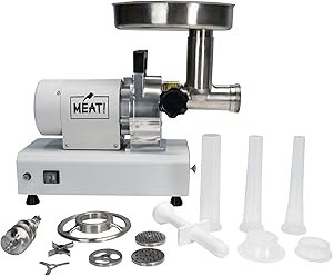 MEAT! .5 HP Dual Meat Grinder with 3 Stuffing Tubes, 2 Stainless Steel Grinding Plates, and a Stainless Steel Stuffing Plate for Making Ground Meat