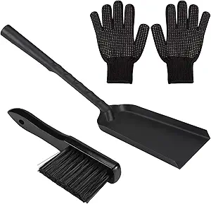 Heavy-duty Metal Fireplace Ash Shovel and Brush Set, Upgraded Coal Shovel and Hearth Brush Set, Large Fireplace Fire Pit Tools with Silicone Gloves for Wood Stove Hearth Cleaning