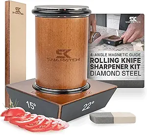 Rolling Knife Sharpener Kit, Diamond & Steel Discs, 4-Angle Magnetic Guide (15, 17, 20 & 22 Degrees), Leather Strop, Eraser & Stand for Kitchen Knives